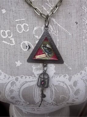Antique Silver Triangle Mixed Media Blessed Bird Bezel Pendant Necklace
